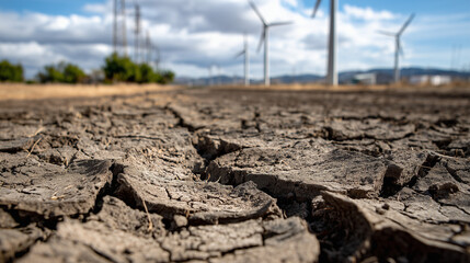 Cracked eroded land with wind turbines under cloudy sky – Environmental contrast