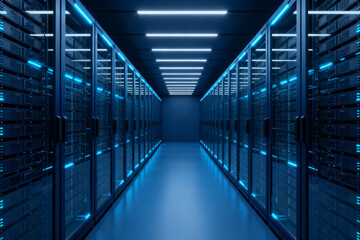 Rows of server racks in a data center