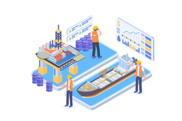 Isometric Oil Rig and Tanker Ship Illustration with Workers Inspecting Data on Screens Against a Transparent Background Industry Theme