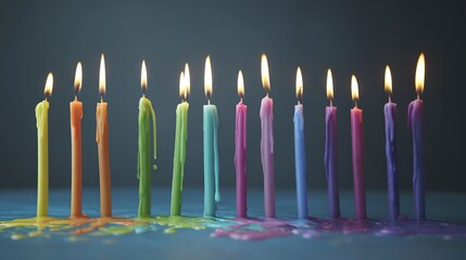 wax. Colorful tapered candles drip wax onto a dark blue surface, glowing softly in warm light. event programs, museum guides, designed for cultural heritage projects and event programs.