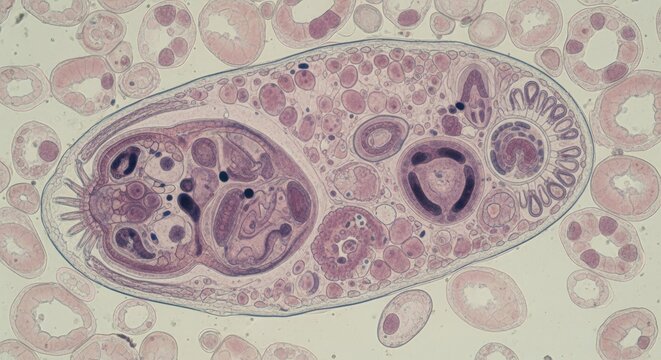 A microscopic view of a parasitic worm, showing its internal structures and reproductive organs.