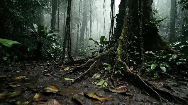 Lush rainforest scene with a misty atmosphere