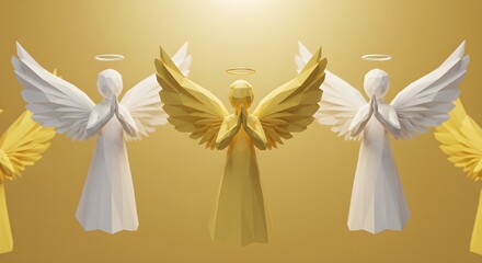 Abstract angel figures with golden and white wings on a gold background