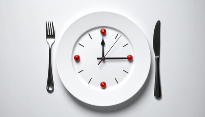 White Plate with Clock Face, Fork and Knife Hands, Symbolizing Meal Time