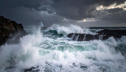 Obraz premium Ocean Waves Crashing Against Dark Rocky Shoreline Under Stormy Cloudy Sky Landscape