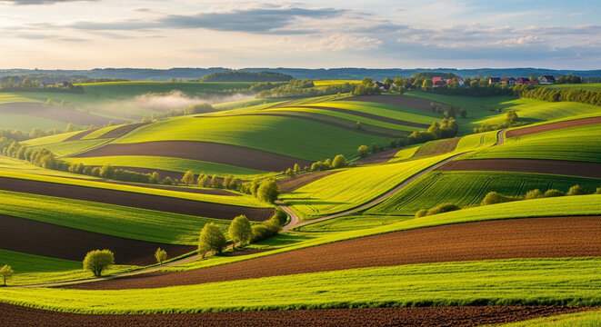 Rolling hills of vojvodina, serbia at sunset a picturesque landscape of green fields, brown earth, and distant villages bathed in warm sunlight, showcasing rural beauty - Powered by Adobe