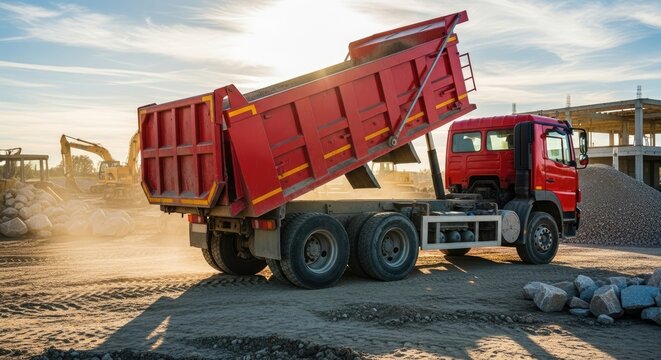 A red dump truck unloading gravel at a construction site.
