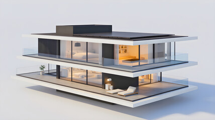 Modern Minimalist Floating House Design with Glass Balconies and Solar Panels, Architectural Rendering
