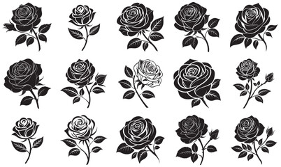 Vintage Black Rose Silhouettes – Botanical Vector Elements