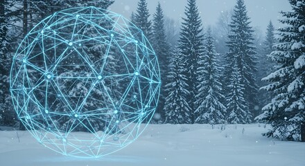 Abstract glowing sphere in a snowy forest with tall evergreen trees background