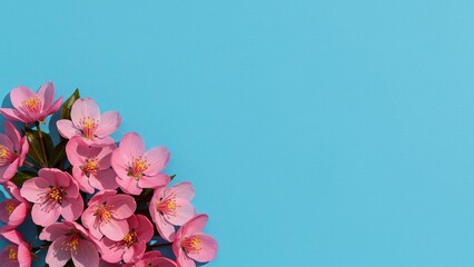 Half-frame floral decoration with pink roses on sky blue background