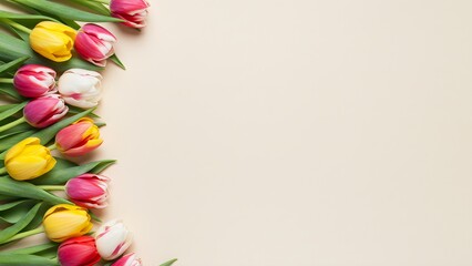 Yellow tulip border on cream background