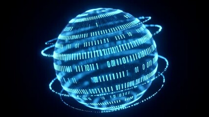 A glowing digital sphere composed of binary code, floating against a dark backdrop - Powered by Adobe