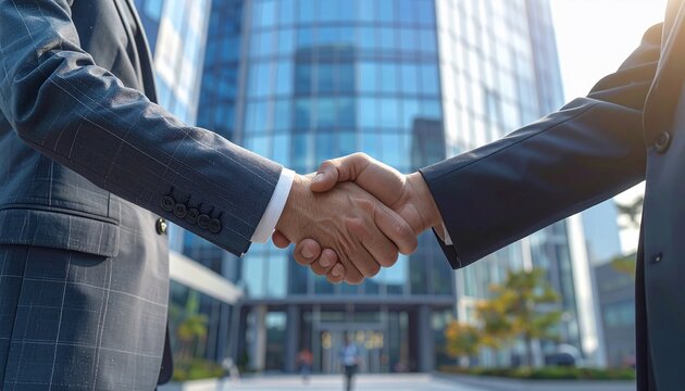 Business handshake in front of modern architecture representing partnership