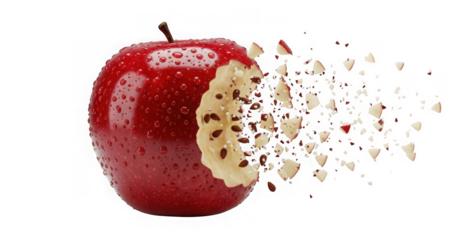 Red apple with bite mark isolated on transparent background and disintegration