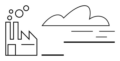 Industrial factory with smoke stacks emitting gases alongside a cloud. Ideal for pollution, environment, climate change, air quality, industry, sustainability, clean energy. Simple flat metaphor
