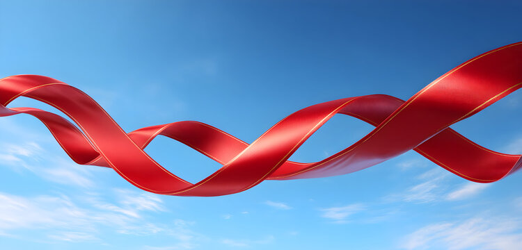 Celebrate success with flowing red ribbon against vibrant blue sky, perfect for event invitations or festive marketing campaigns that need a touch of elegance - Powered by Adobe