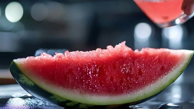 Fresh Watermelon Juice Pouring Onto Slice.