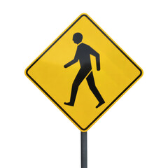 Bright yellow pedestrian crossing warning sign alerts drivers to be cautious of walkers on the road