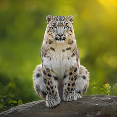 Obraz premium Majestic Snow Leopard Sitting on a Rock with a Soft Green Background