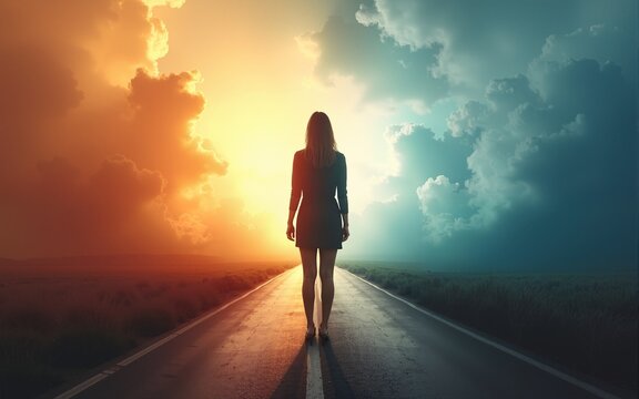 Abstract image of a woman standing where two roads divide representing the difficult dilemmas we face when life demands a definitive choice between conflicting goals or identities. High quality