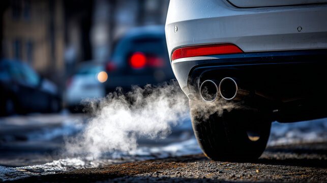 Car exhaust in cold air emitting visible fumes &ndash; Climate and pollution theme