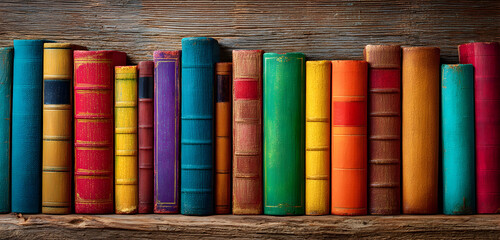 Explore a vibrant library of knowledge with vintage books lined up on rustic wooden shelves, inspiring learning, and adding warmth to your home decor