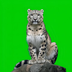 A majestic snow leopard perched on a rock, captured with a green screen background for easy editing and integration into various projects