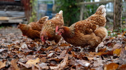 Chickens scratching in fallen leaves on farm – Ecology and natural behavior