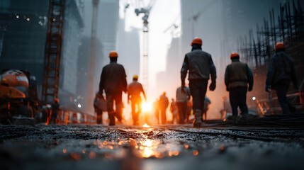 Construction workers walking towards sunlight in industrial environment