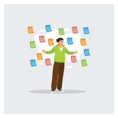 Frustrated Businessman Working with Overwhelmed Sticky Notes.
