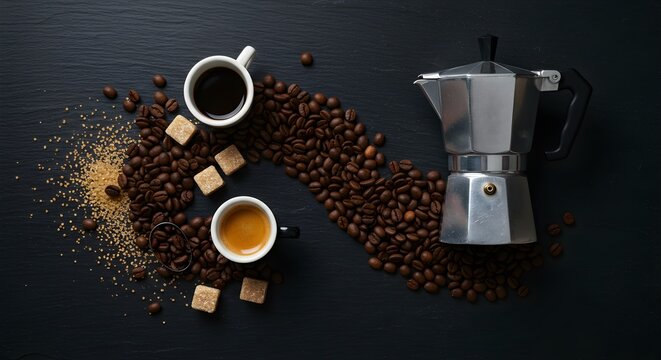 Coffee beans and cups composition with espresso maker on dark surface - Powered by Adobe