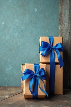 A stack of modestly sized presents, adorned with vibrant blue ribbons, rests on a rustic wooden surface against a textured background.