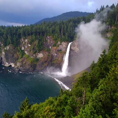 Majestic Waterfall Cascading into the Sea, Surrounded by Lush Forest