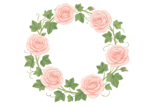Pink watercolor roses wreath with green leaves on transparent background