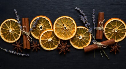 Dried orange slices with cinnamon sticks and star anise on a dark background