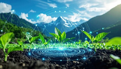 agricultural technology futuristic and innovation background. Young plants or growing seeds