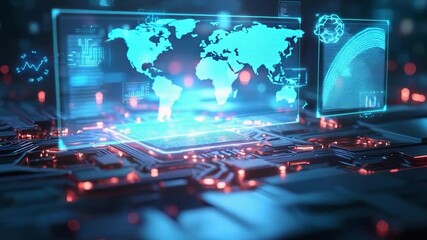 Futuristic Digital Technology Circuit Board with World Map Overlay. - Powered by Adobe
