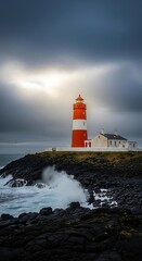Obraz premium Dramatic Lighthouse Scene - A Beacon Against the Stormy Sky.