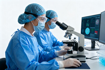 Scientists working with microscope in lab