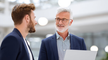 Senior executive and professional businessman mentoring junior employee. Friendly discussion and collaboration at office using laptop for career growth and advice