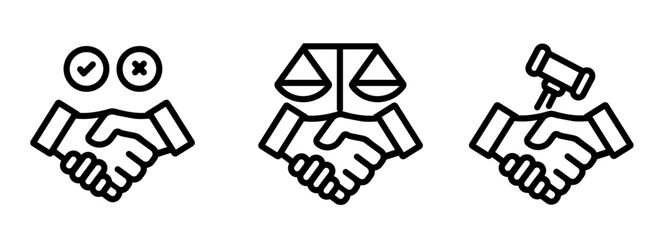 ethics in business and agreements icon graphic features concepts of integrity legal compliance and trust in professional relationships handshake with checkmarks balance scale and gavel