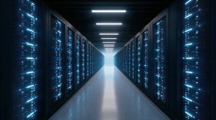 Powerful supercomputer processing massive data in futuristic server room corridor. Blue lights glow on network racks inside modern technology data center for storage