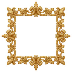 Ornate gold baroque decorative square frame element isolated on a transparent background