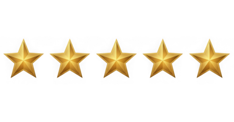 Five golden star rating isolated on transparent background for customer satisfaction