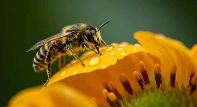 Close-up of a bee collecting nectar from a vibrant yellow flower with dew drops