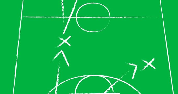 Animation of basketball field with strategy game plan tactic on black background
