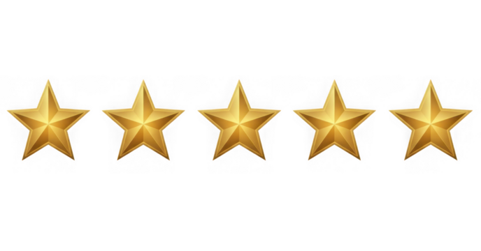Five golden star rating isolated on transparent background for customer satisfaction