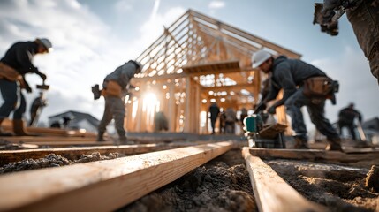 Construction workers building a wooden house with teamwork and focus