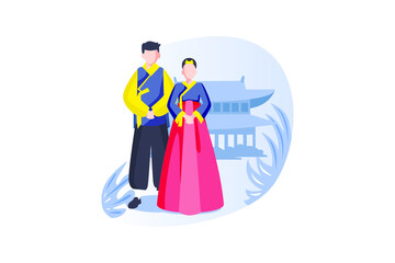 Korean Couple in Traditional Dress with Building on White Background Vector Illustration